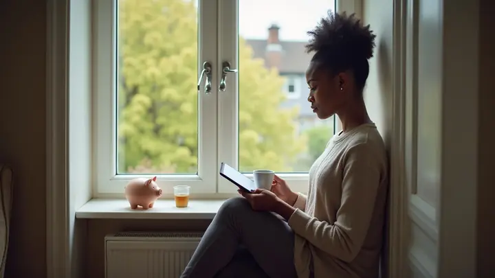 Woman with tea and a tablet by a sunny window, a piggy bank on the sill