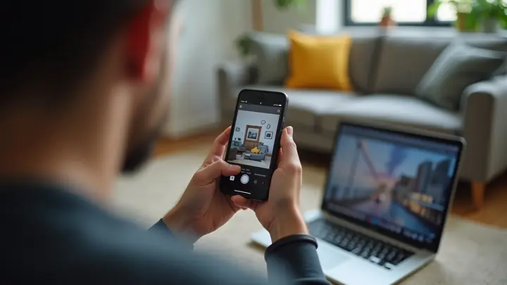 Person browsing rental listings on a smartphone at home