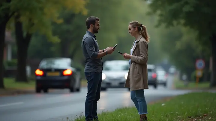 Two drivers calmly exchanging details on their phones beside a suburban road