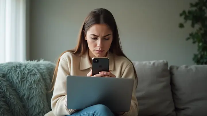 Young woman looking sceptically at a message on her phone