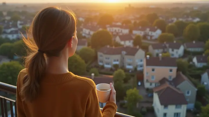 Young woman on an apartment balcony looking out over a neighbourhood of houses