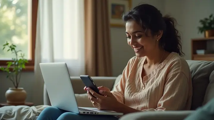 Woman at home smiling at a recovered family photo on her smartphone