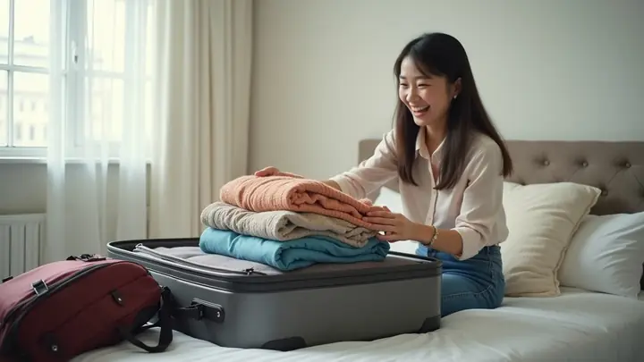Young woman packing a suitcase on her bed before leaving to study abroad