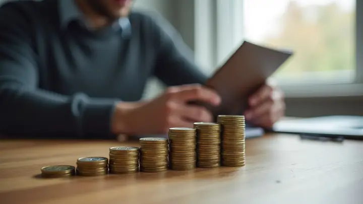 Coin stacks rising from short to tall on a desk, with a man planning behind them
