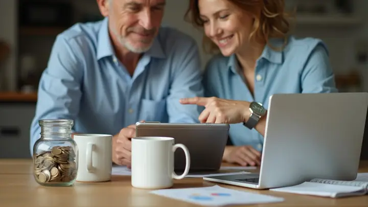 Couple at a kitchen table reviewing their finances with a laptop and savings jar