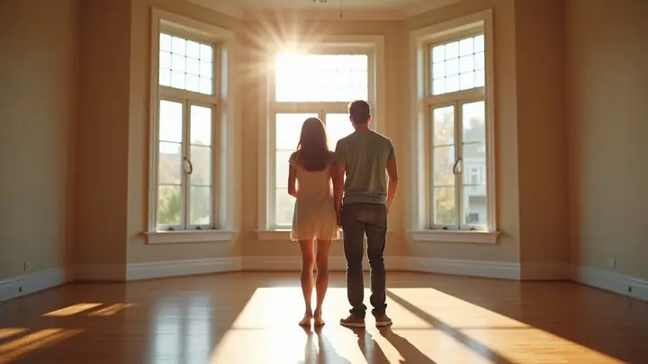 Young couple looking around an empty, sunlit living room during a house viewing
