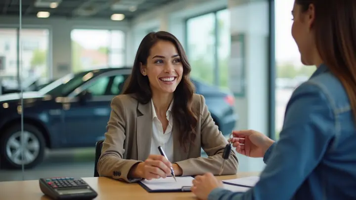 Young woman smiling at a dealership desk as a salesperson hands over car keys