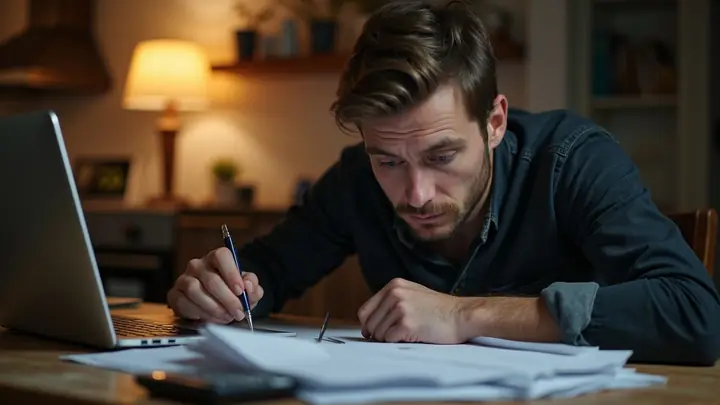 Person reviewing household bills and a calculator at the kitchen table