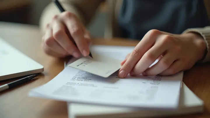 Hands holding a plain payment card over a grocery receipt and notebook