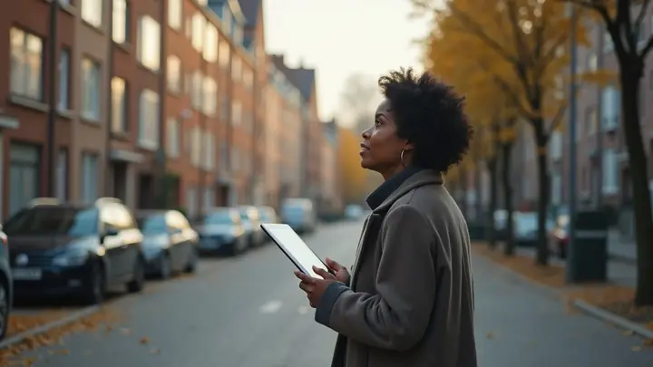 Woman with a tablet looking up at a row of residential apartment buildings
