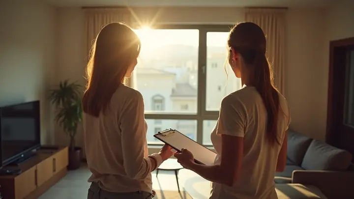 Couple inspecting a bright empty apartment during a rental viewing