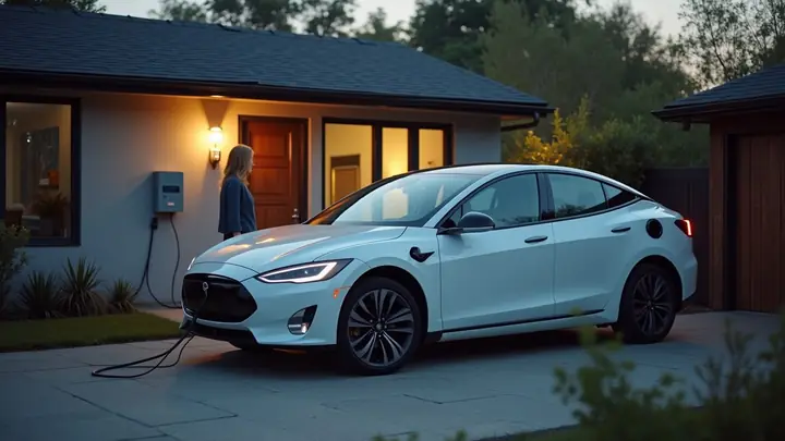 Electric car plugged in to charge in a residential driveway at dusk