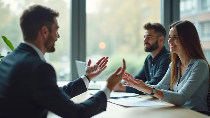 Bank adviser weighing up two options with a couple across a desk