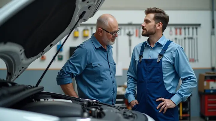 Mechanic and customer looking at a car engine under an open bonnet in a clean workshop