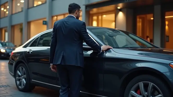 Professional chauffeur in a dark suit opening the rear door of a sedan