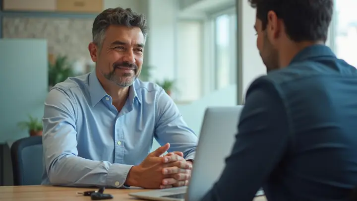 Loan officer and customer talking at a bank desk with car keys between them