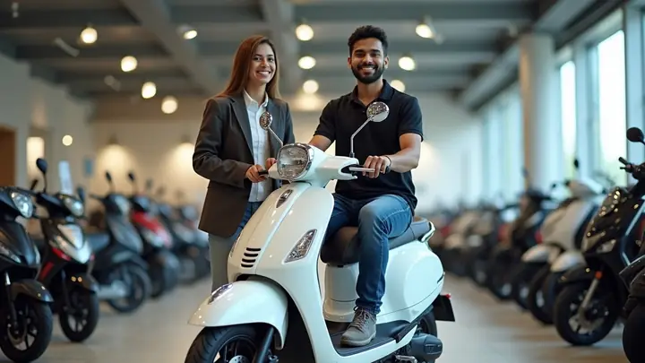 Young man sitting on a new scooter in a showroom while a salesperson looks on